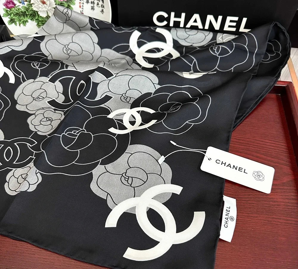 Chanel Camellia & CC Logo Silk Scarf (Black & Gray)